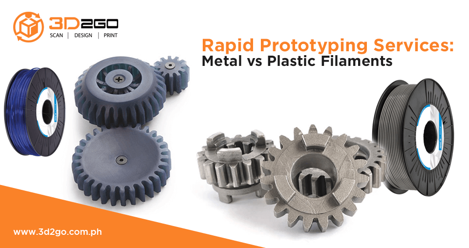 A blog banner by 3D2GO titled Rapid Prototyping Services: Metal vs Plastic Filaments