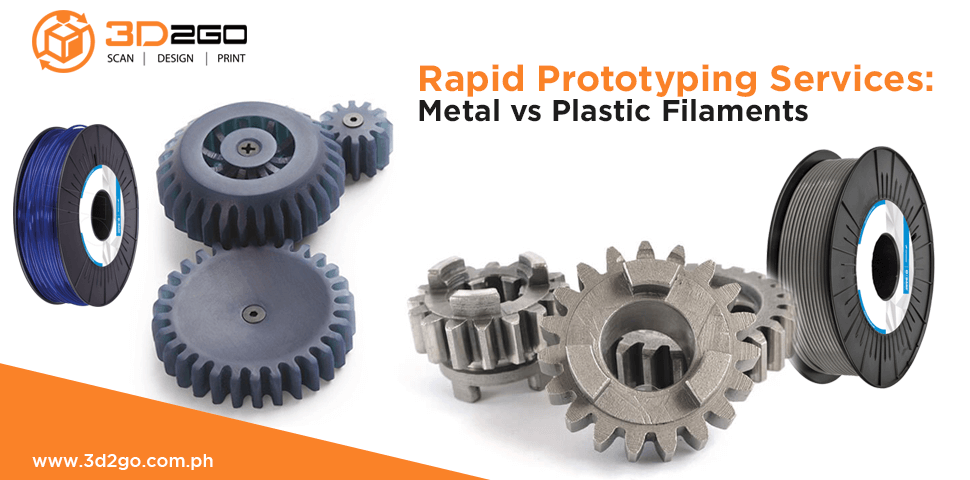 A blog banner by 3D2GO titled Rapid Prototyping Services: Metal vs Plastic Filaments