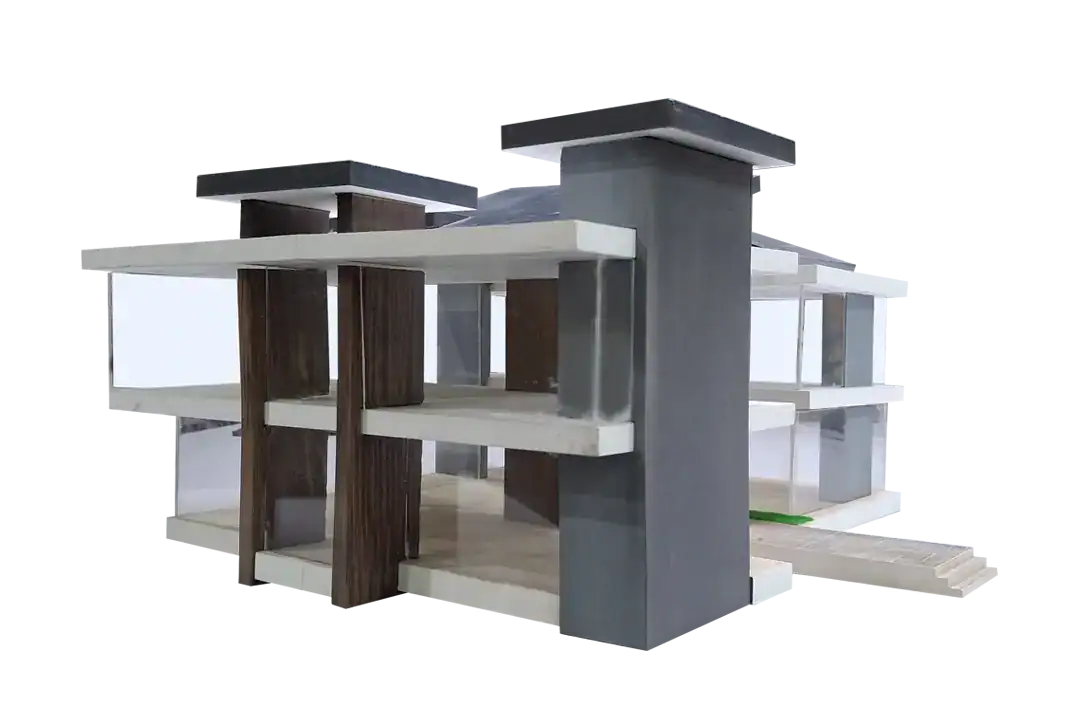 Scale model of a modern architectural structure with white and grey beams.