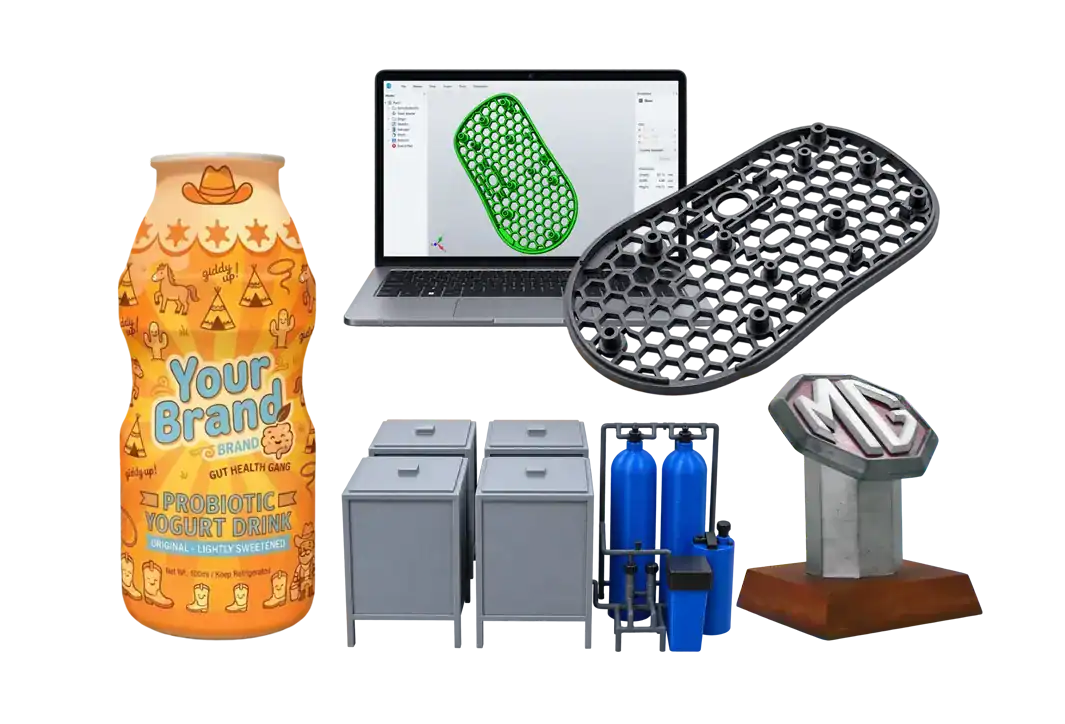 3D printed parts and a Yogurt drink can for scale in a workspace.